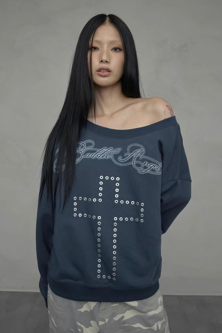 Off-Shoulder Studded Cross Top mry002303