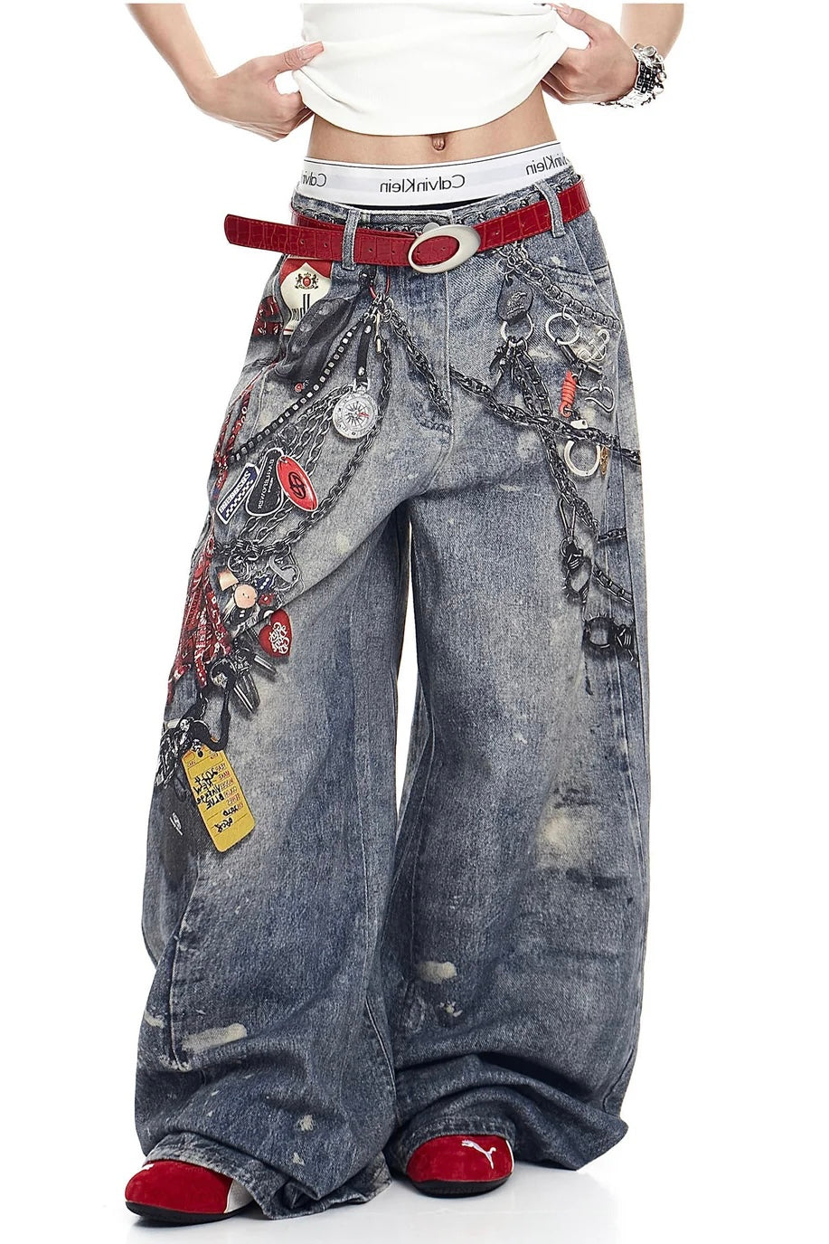 【COVER:FIT】Retro Keychain Graphic Wide Denim Pants mry001919