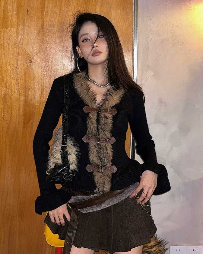 Faux Fur Toggle Knit Cardigan mry002093