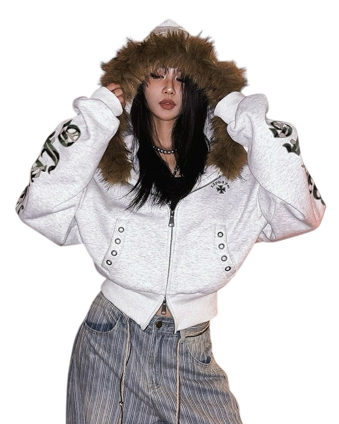 Fur Hooded Zip-Up Jacket mry002019