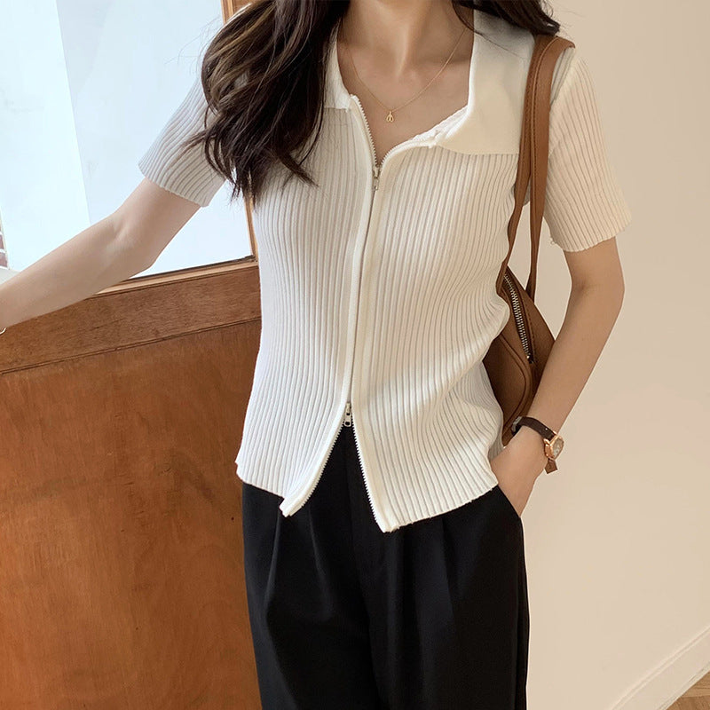 ラペルジッパートップス 薄手ニット 半袖 mry000009