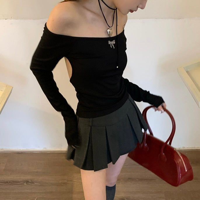 【Carina】2カラー展開 韓国デザイン 韓国カジュアル オフショルダー フィット トップス mry001105