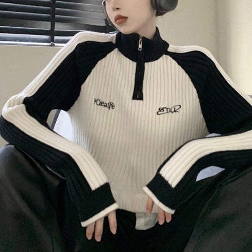 【送料無料】ハーフジッパー ニット 2カラー 韓国ストリート 韓国カジュアル クロップド丈 mry000559