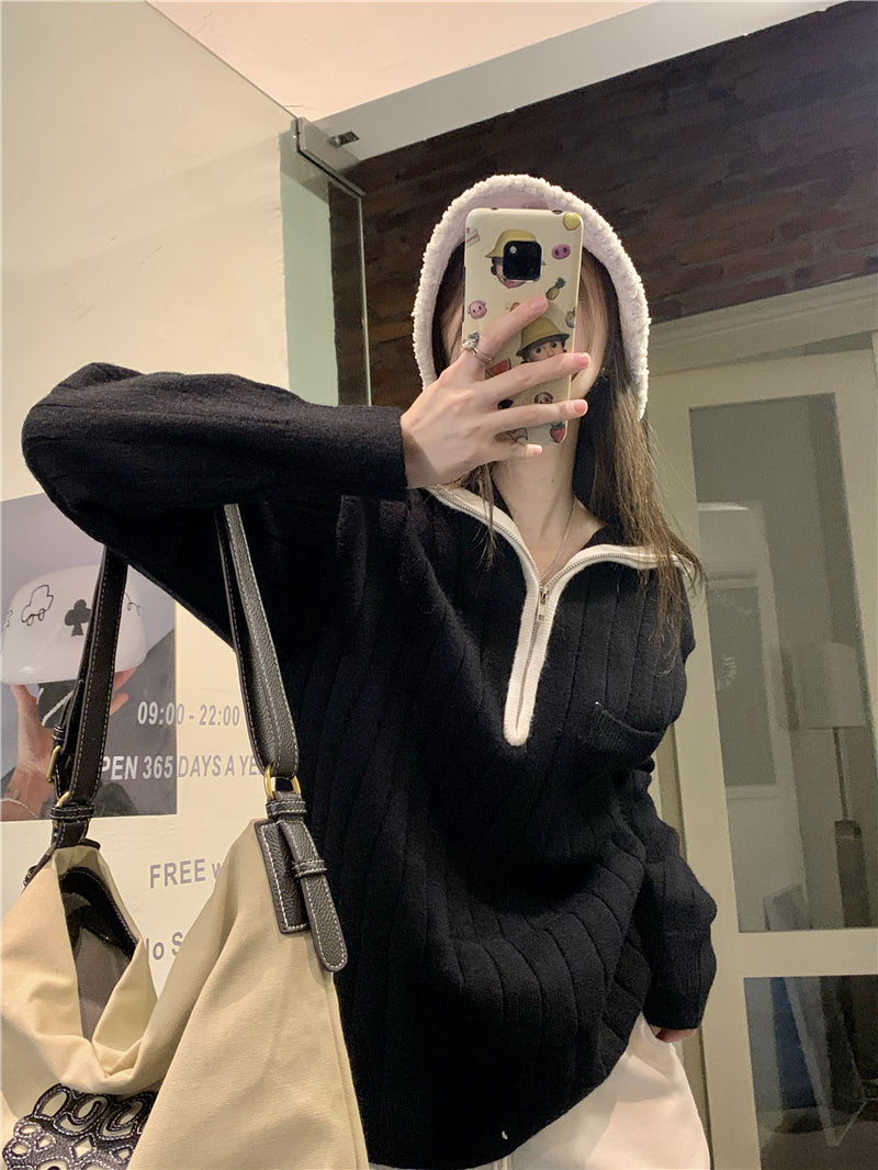 【送料無料】ハイネック 2カラー ジッパーセーター 韓国カジュアル mry000585