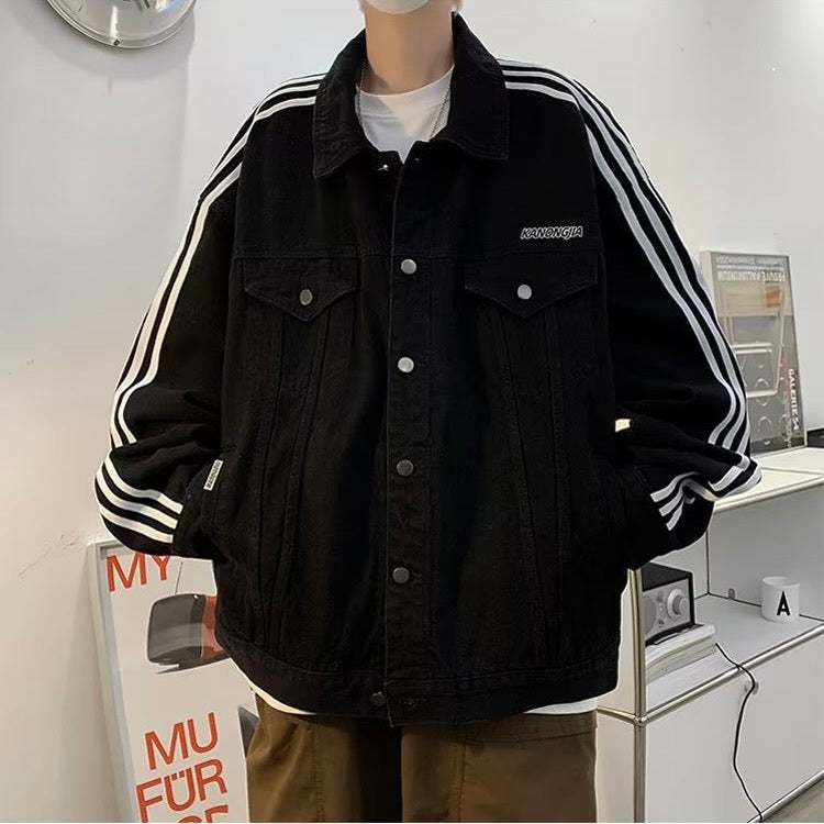 2カラー展開 韓国ストリート 韓国カジュアル ライン入り レトロ デニムジャケット mry001271