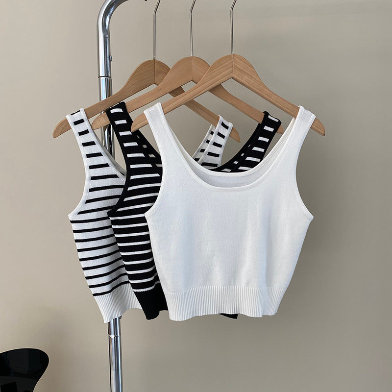 【送料無料】ストライプ 3カラー展開 ノースリーブ ショート丈 ニット シャツ mry000635