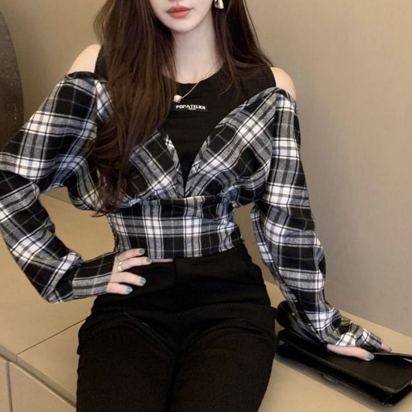 ラウンドネック フェイクツーピース 長袖 チェックシャツ mry000120