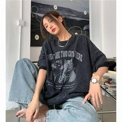 Grunge Cat Print Washed T-Shirt mry001715