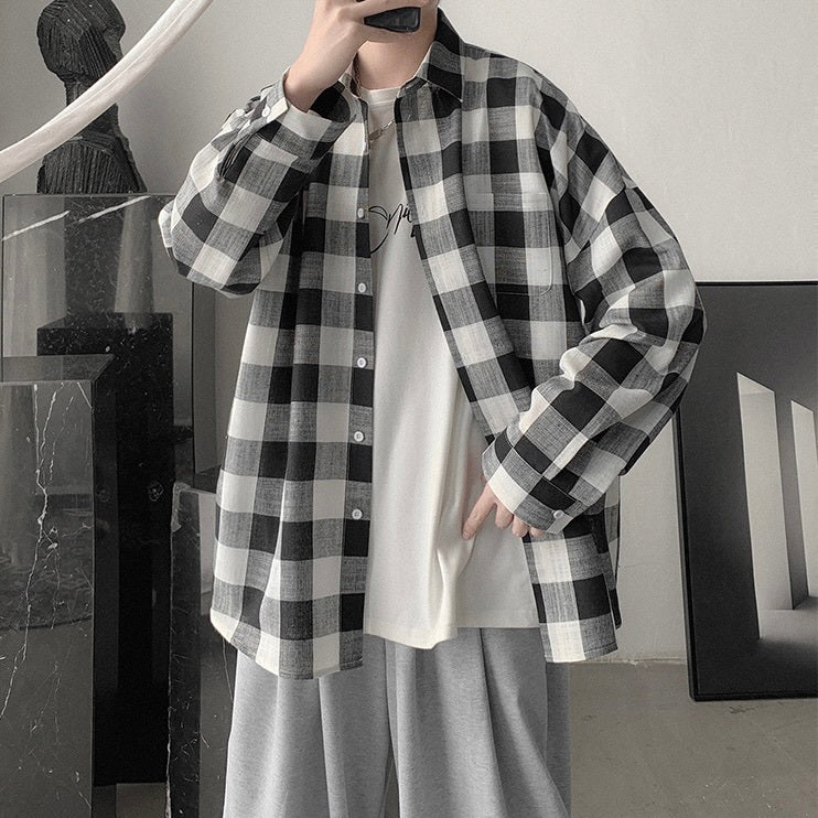 2カラー展開 韓国ストリート 韓国カジュアル トレンド チェック柄 オーバーサイズ シャツ mry001316