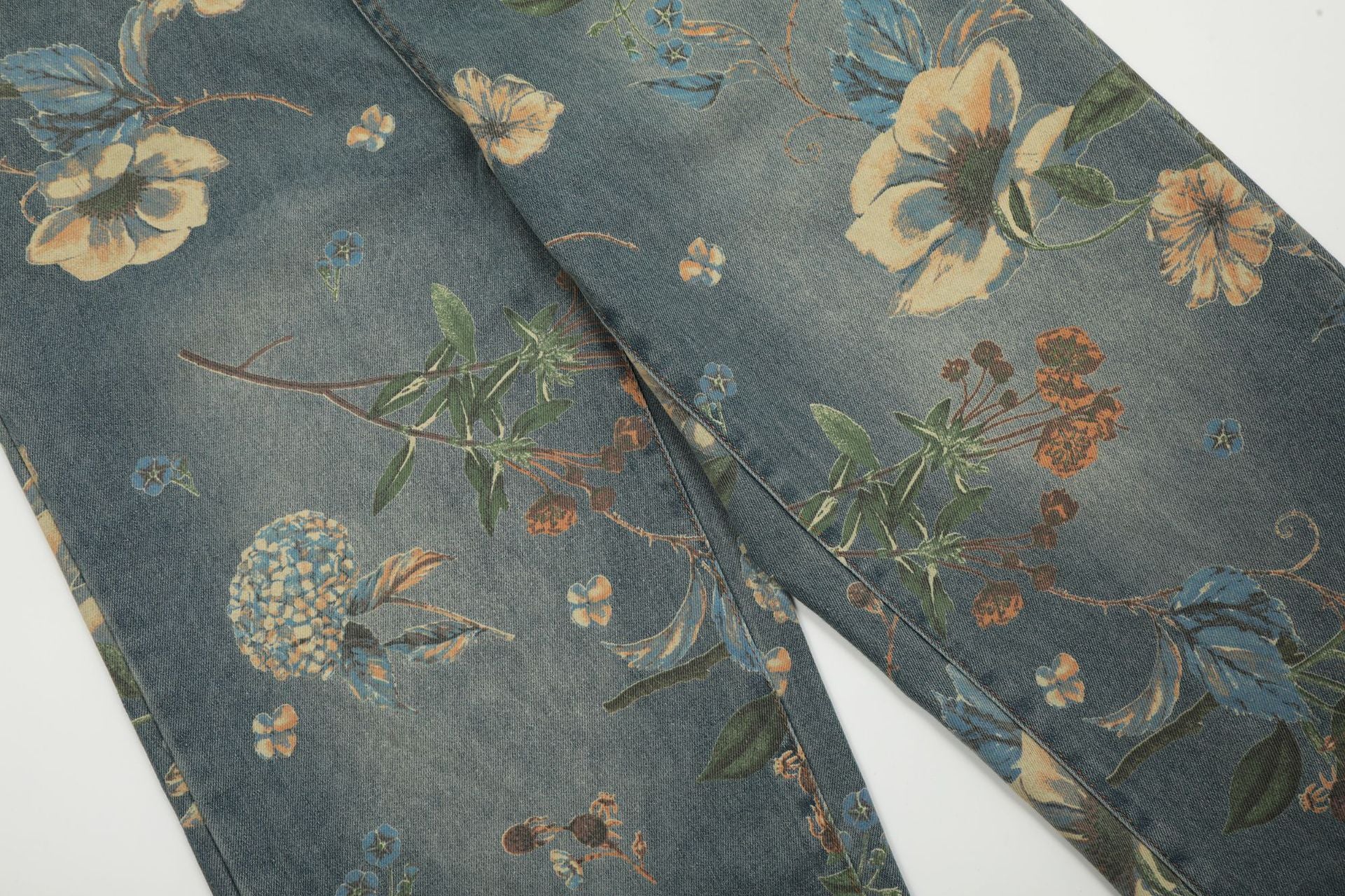 Vintage Floral Wide-Leg Denim Pants mry001734