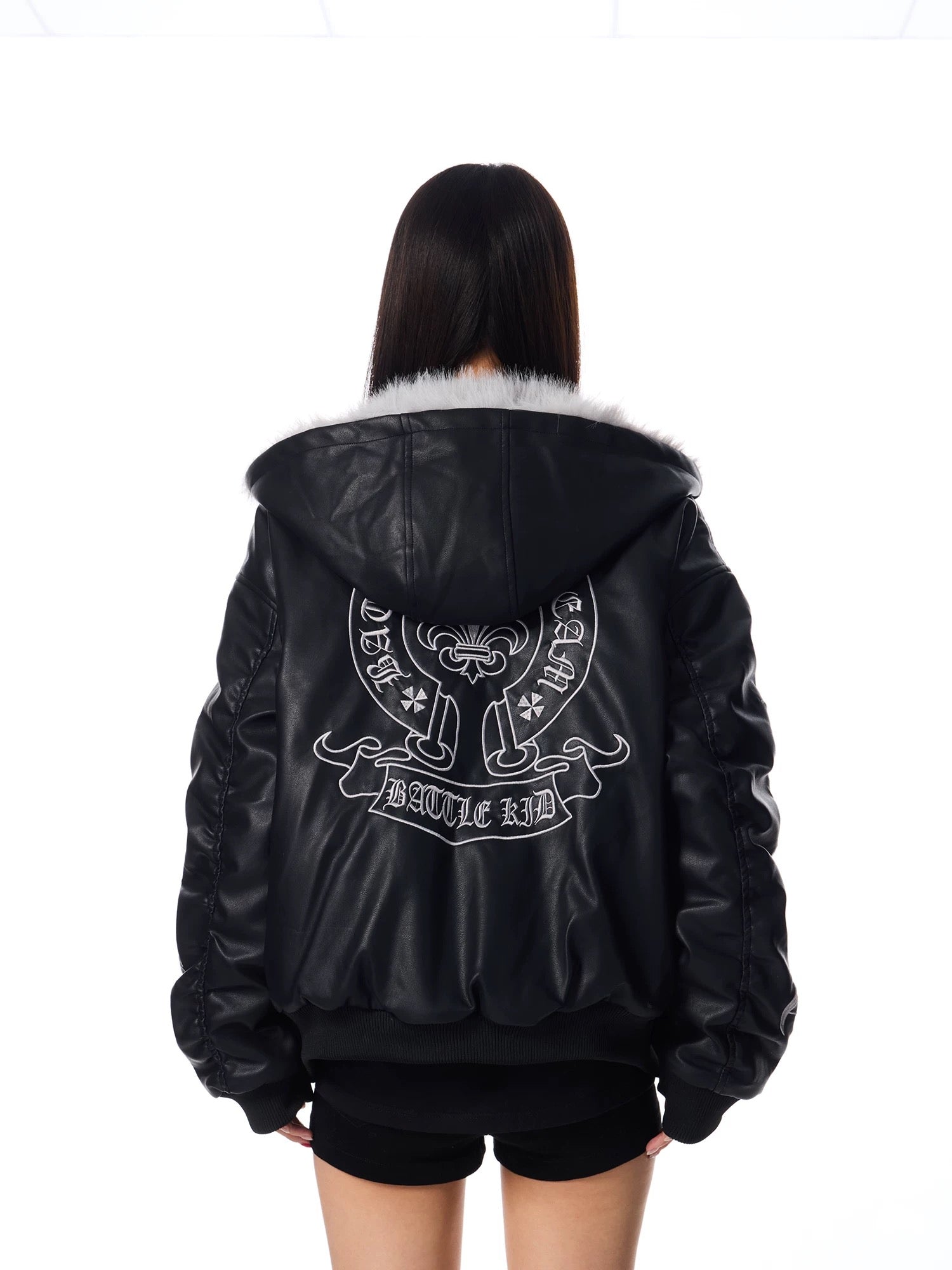 Fur Hood Graphic Leather Jacket mry001992