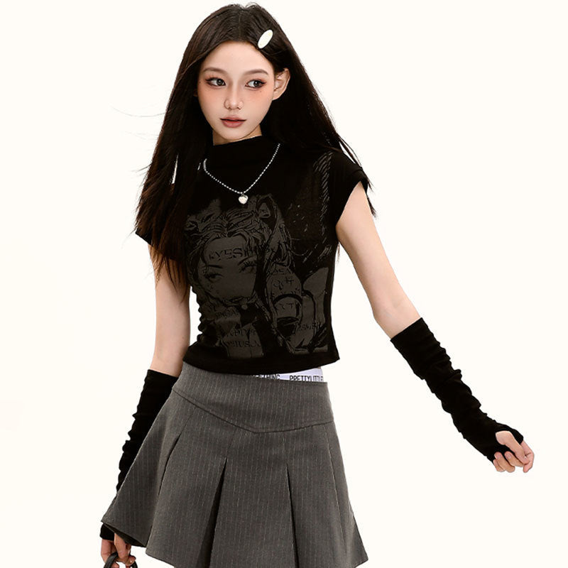 【2color】Cyber Graphic Mock Neck T-Shirt mry001713