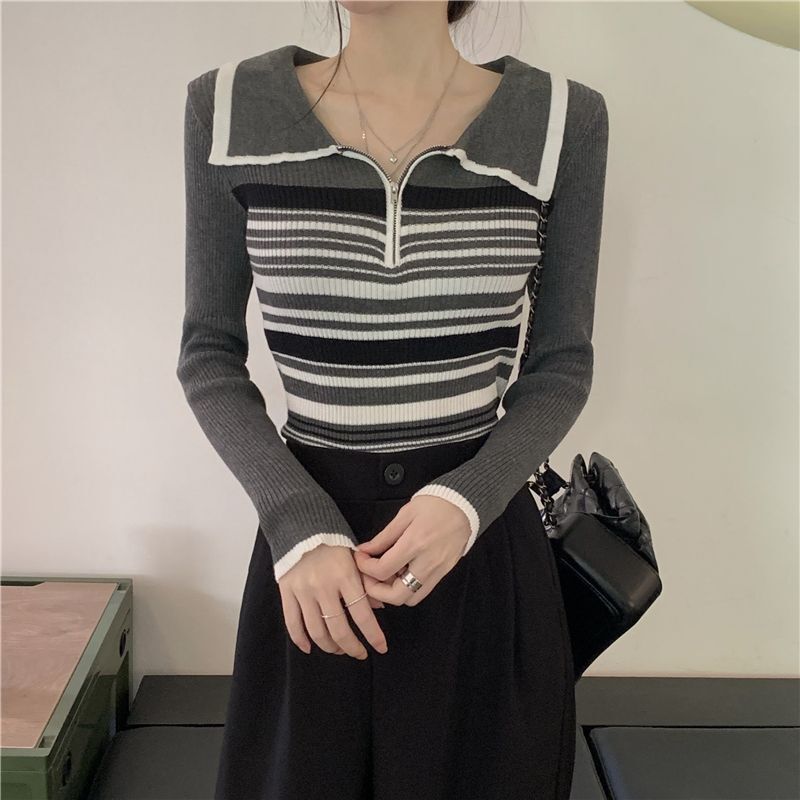 【送料無料】ストライプニットセーター 2カラー 長袖デザイントップス 韓国カジュアル mry000590