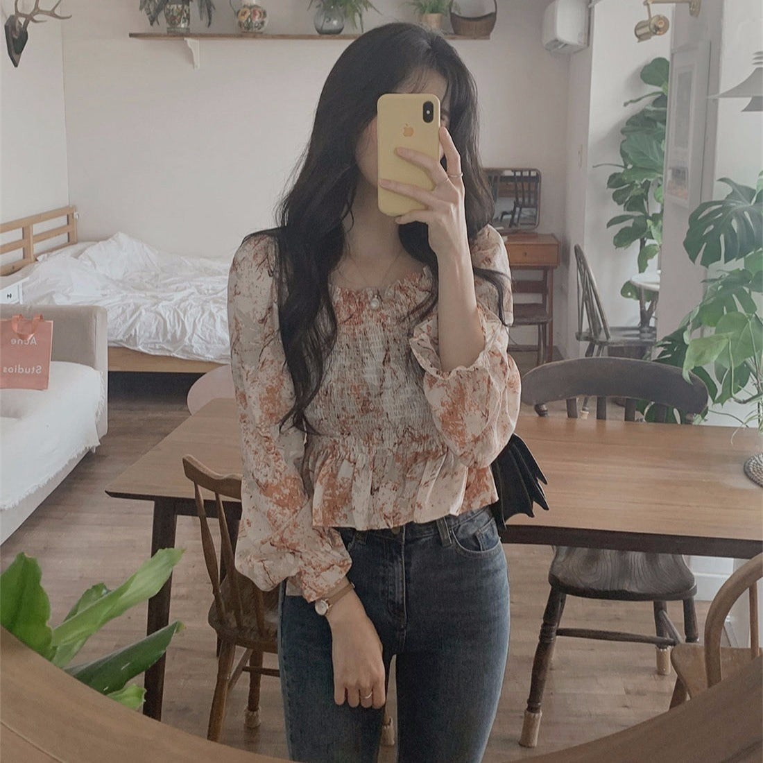 花柄ラッピング ウエストゴム オフショル シフォン長袖シャツ mry000061