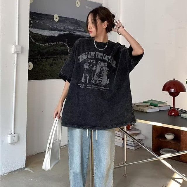 Grunge Cat Print Washed T-Shirt mry001715