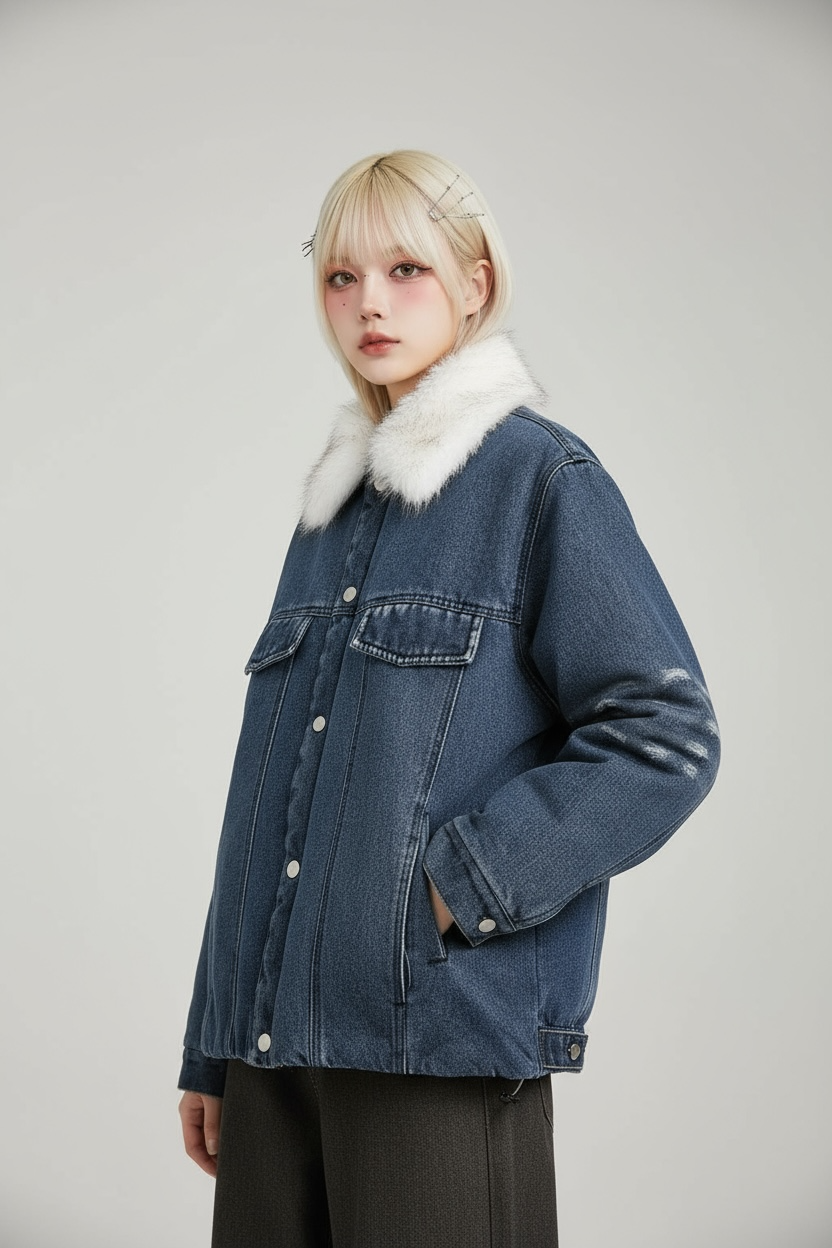 【2color】Faux Fur Collar Denim Jacket mry001824