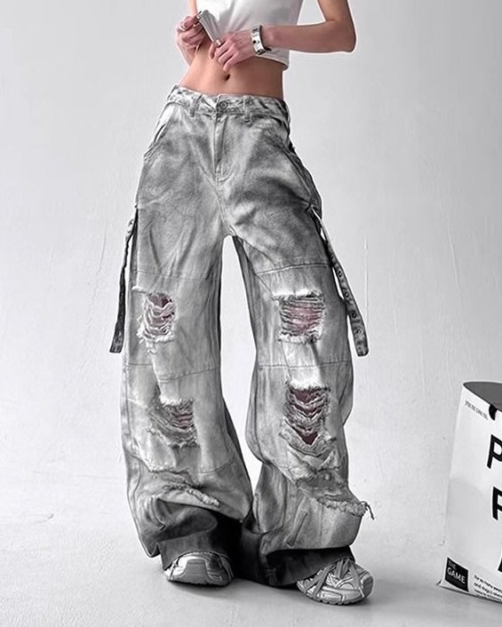 Washed Grey Distressed Cargo Pants mry001807