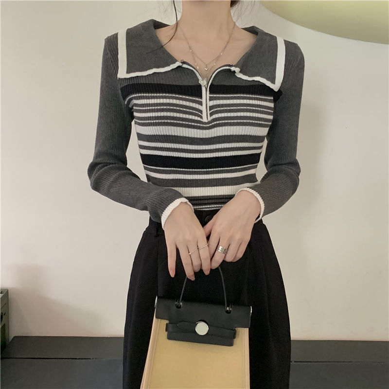 【送料無料】ストライプニットセーター 2カラー 長袖デザイントップス 韓国カジュアル mry000590