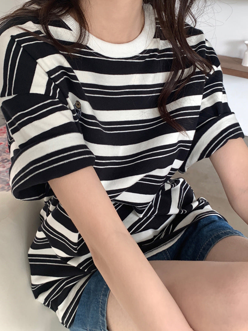 【送料無料】2カラー展開 クマちゃん ワンポイント ボーダー Tシャツ mry000651