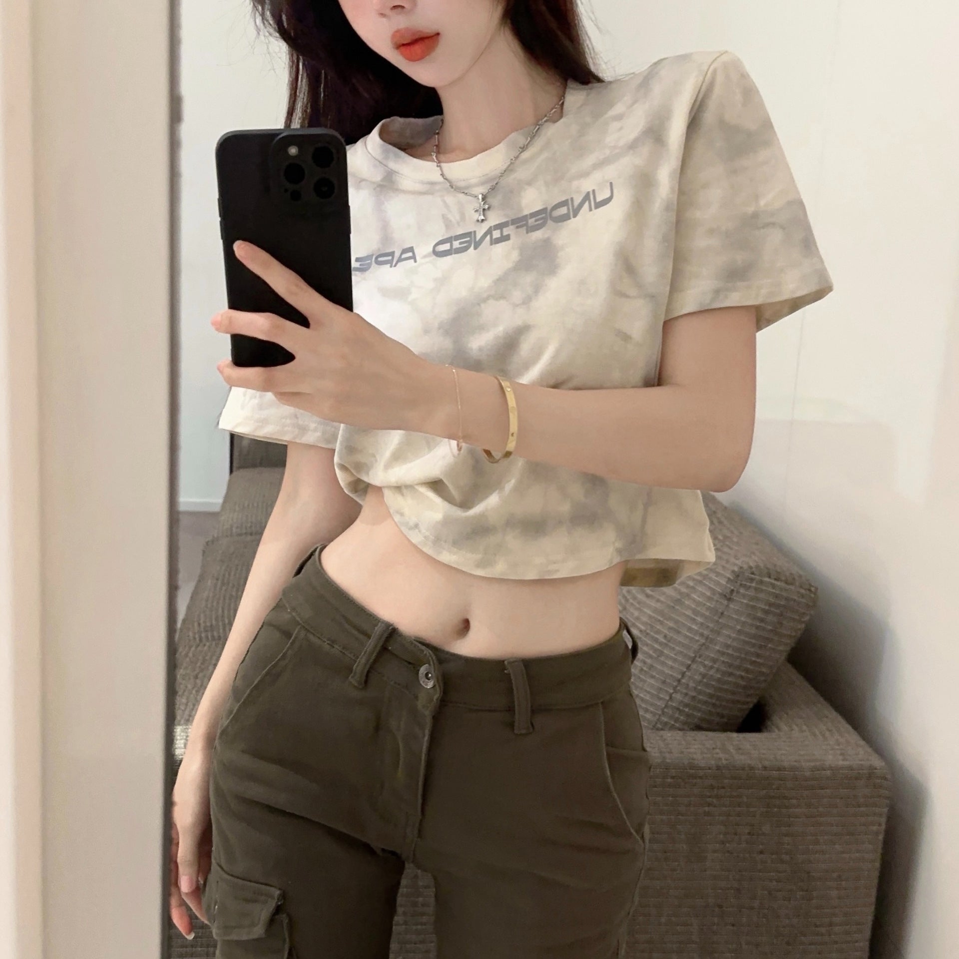 2カラー展開 2023SS タイダイ柄 クロップド丈 レタリング 半袖 Tシャツ 韓国ストリート 韓国カジュアル mry000839