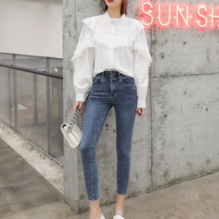 AW レースステッチ スタンドアップカラー フリルシャツ mry000060