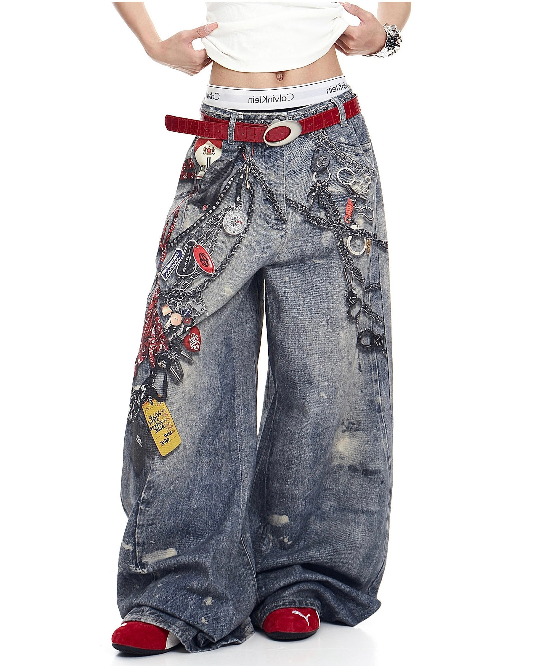 【COVER:FIT】Retro Keychain Graphic Wide Denim Pants mry001919