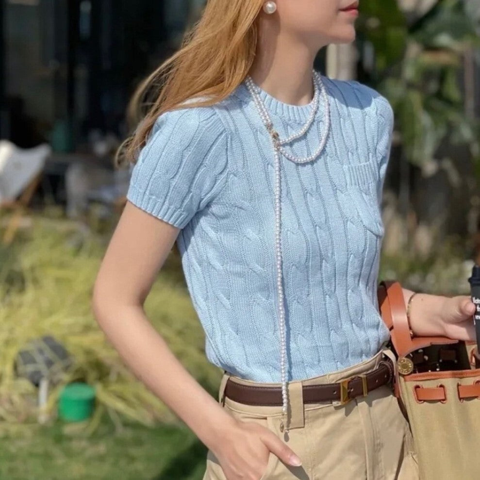 【送料無料】4カラー展開 高品質 半袖 ミニポケット ニット トップス mry000639