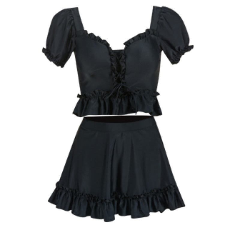 【送料無料】パフスリーブ フリル ハイウエスト スカート セットアップ 水着 韓国ガーリー mry000763