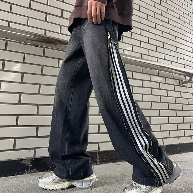 【Carina】2カラー展開 韓国ストリート ライン入りワイドデニムパンツ mry001375