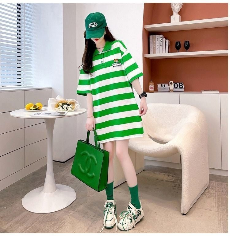 ミドル丈 ストライプ 半袖 ポロシャツ mry000042