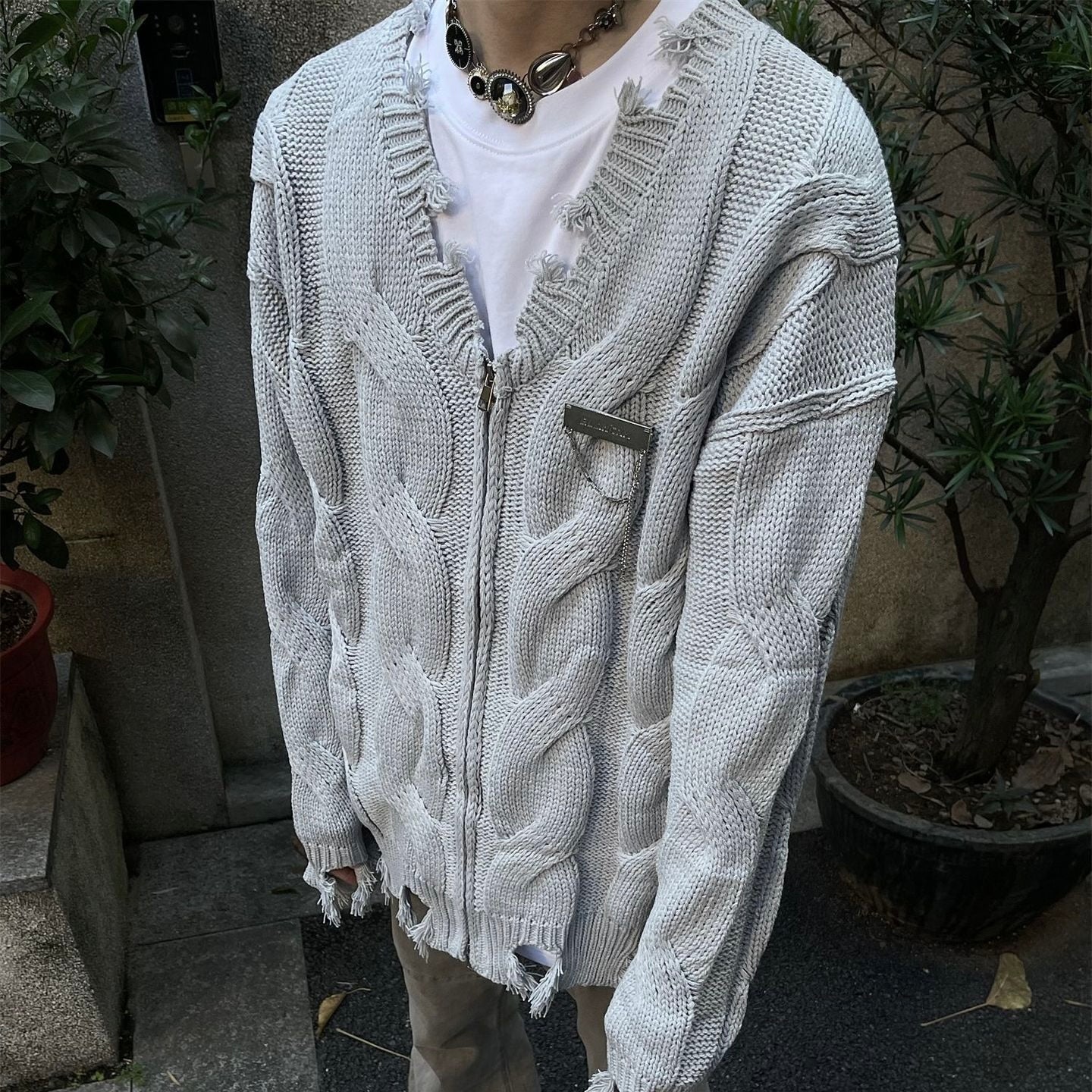 2カラー展開 アメリカン 韓国ストリート 韓国カジュアル ダメージ加工 ヴィンテージ カーディガン mry001311