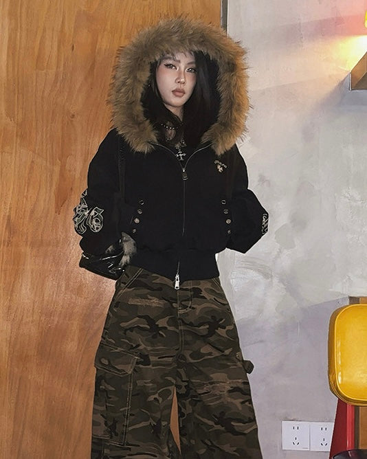 Fur Hooded Zip-Up Jacket mry002019