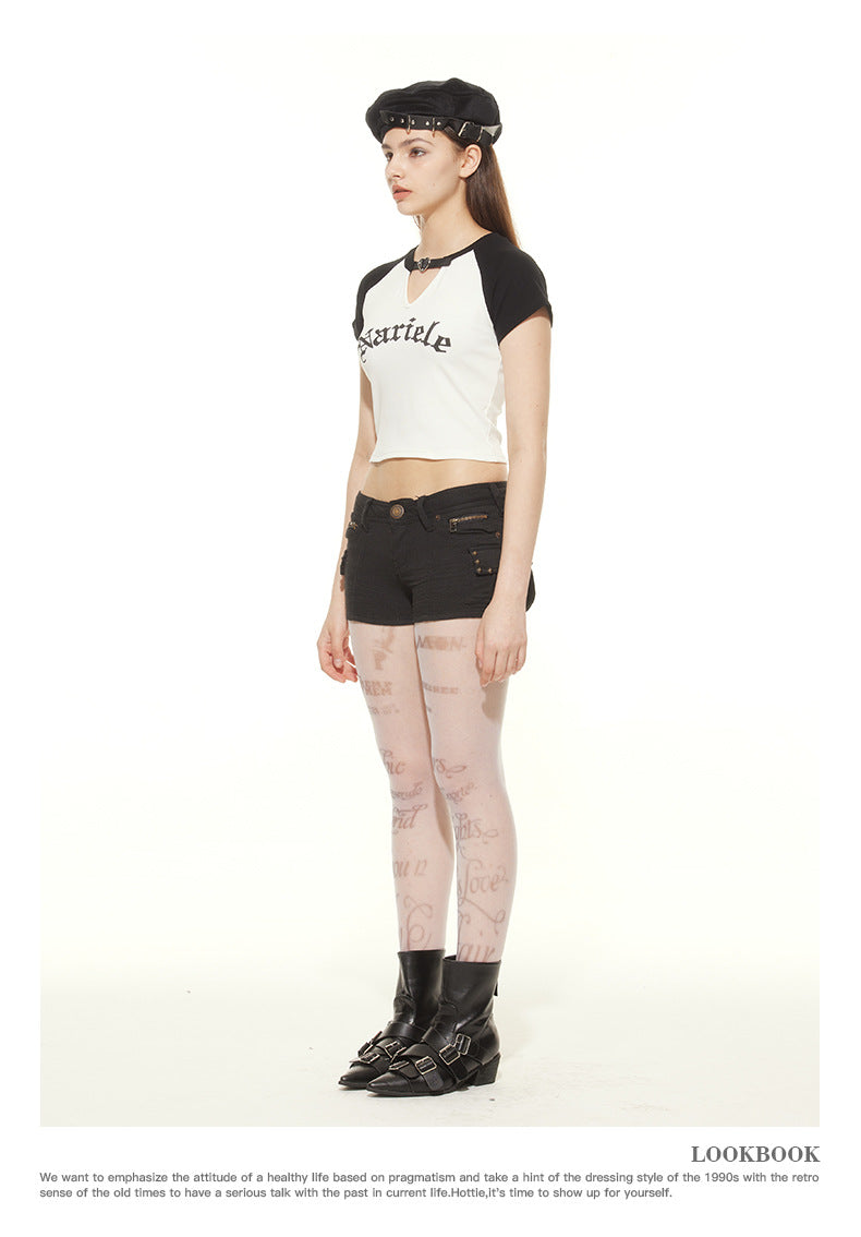 【2color】Heart Choker Raglan Crop Top mry001696