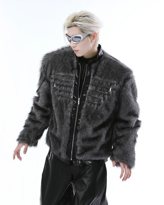 Faux Fur Panelled Leather Zip-Up Jacket mry001835