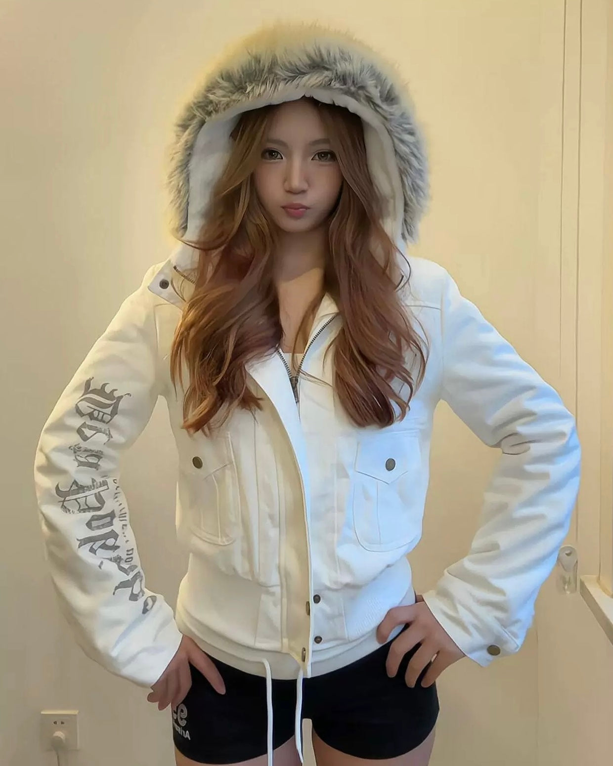 Fur Trim Hooded White Jacket mry002001