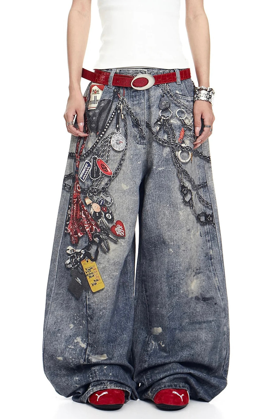 【COVER:FIT】Retro Keychain Graphic Wide Denim Pants mry001919