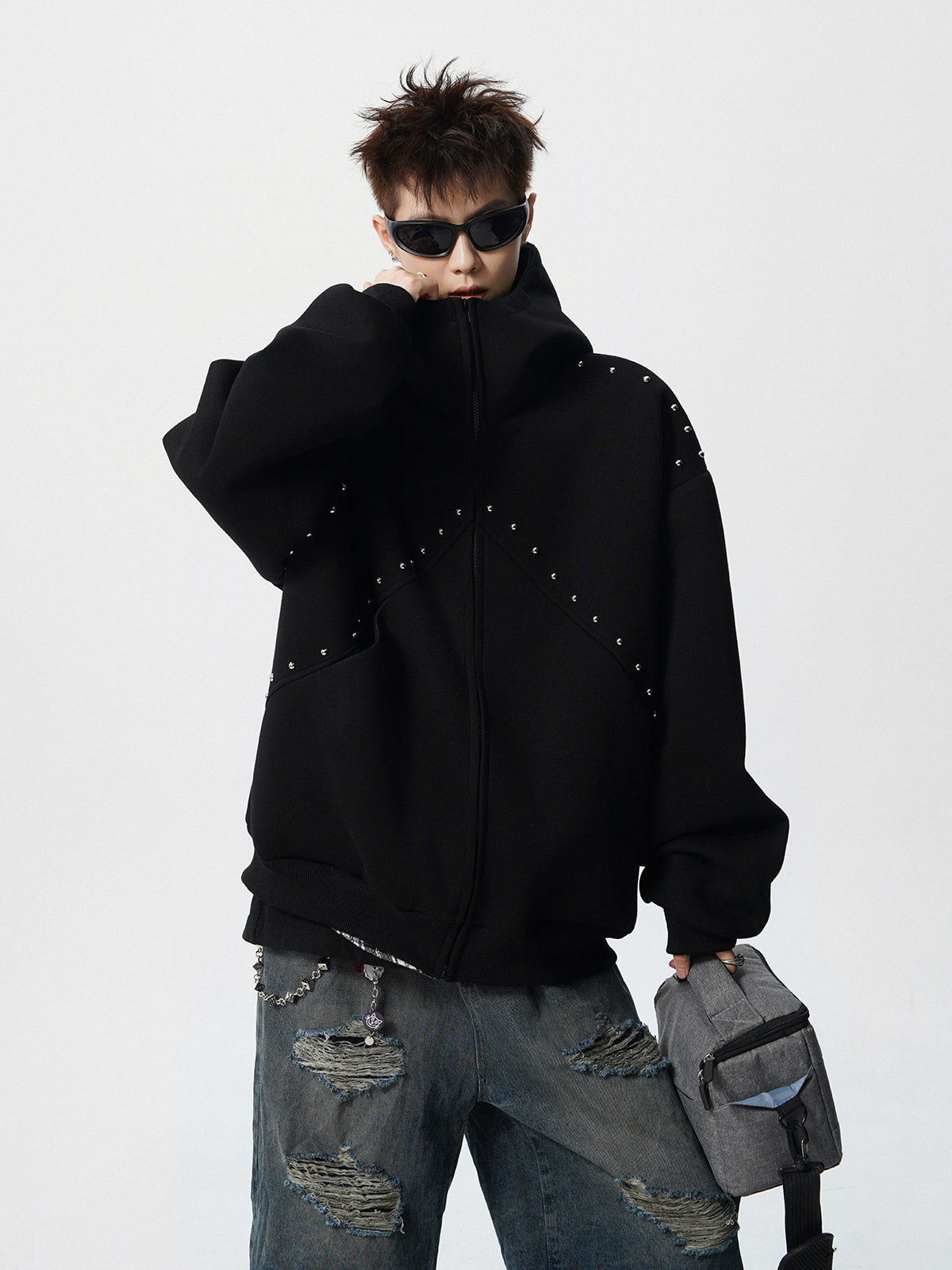 【評価★4.8以上/3color】Studded Oversized Zip Hoodie mry001897