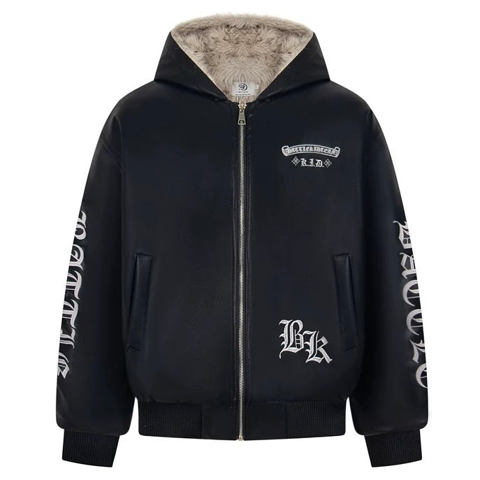 Fur Hood Graphic Leather Jacket mry001992