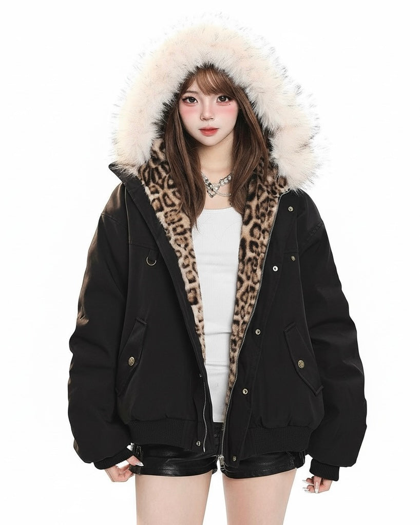 Leopard Lined Fur Hood Jacket mry002015