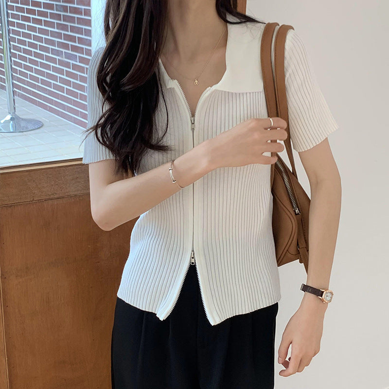 ラペルジッパートップス 薄手ニット 半袖 mry000009