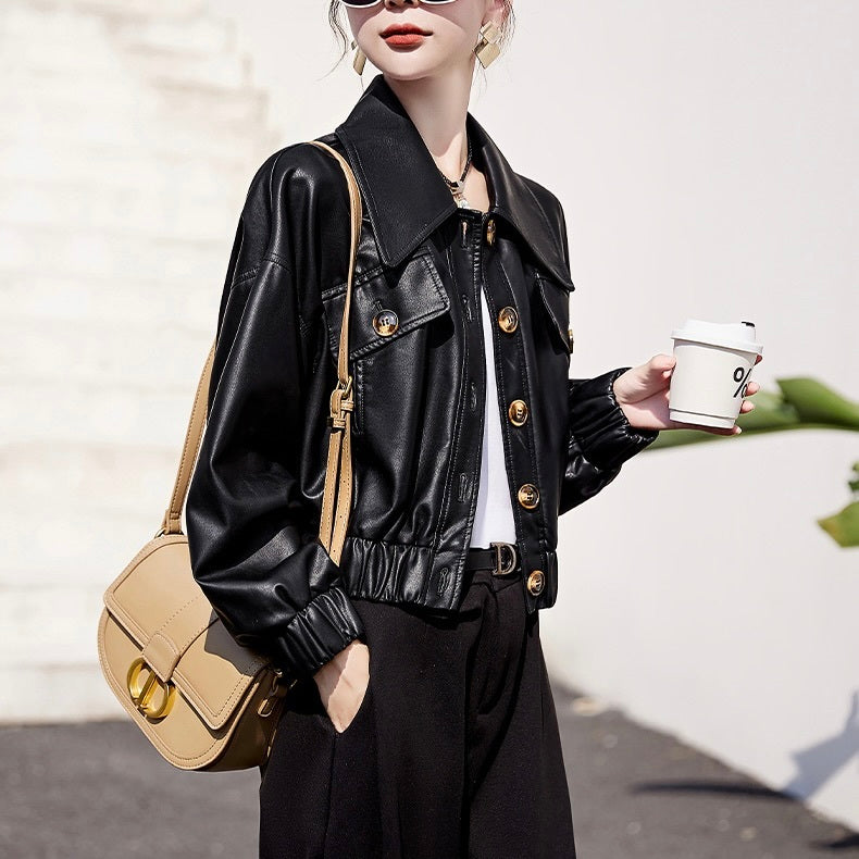 【Plaisir】2カラー展開 アメリカン 韓国カジュアル 韓国デザイン ショート丈 レザージャケット mry001135