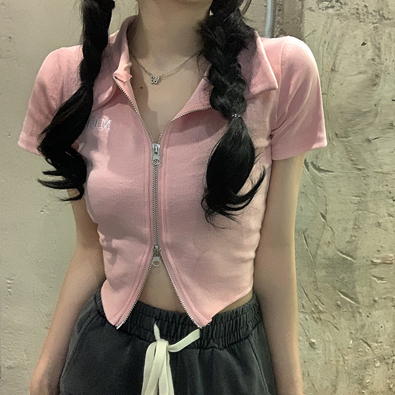 【送料無料】2カラー展開 センタージップ 半袖トップス 韓国カジュアル 韓国ガーリー mry000671