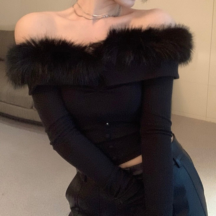 【Chéri】2カラー展開 オフショルダー フェイクファートップス mry001470