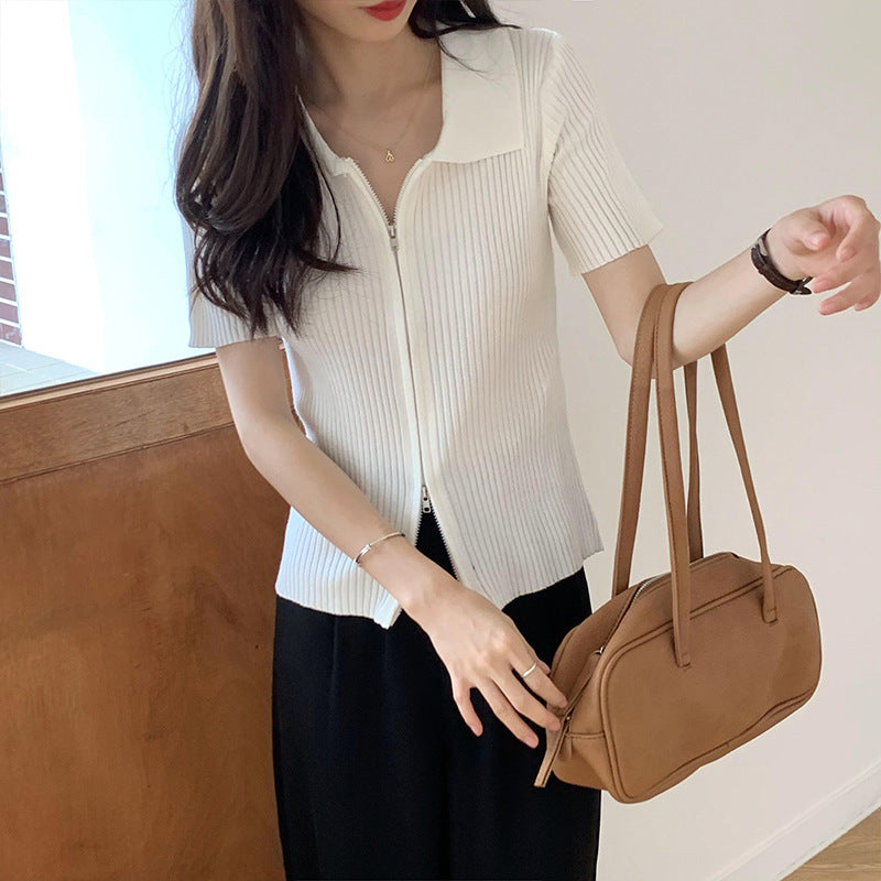 ラペルジッパートップス 薄手ニット 半袖 mry000009