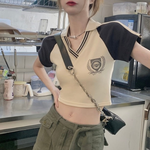 2023SS クロップド丈 アメリカン ホットガール ポロシャツ 韓国ストリート 韓国カジュアル mry000708