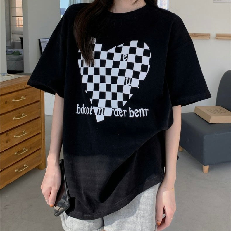 モノクロハート ニッチルーズ カジュアル 半袖トップス mry000091