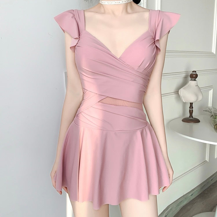 【送料無料】3カラー展開 フリル ショルダー ウエスト ツイスト ワンピース 水着 韓国ガーリー mry000771