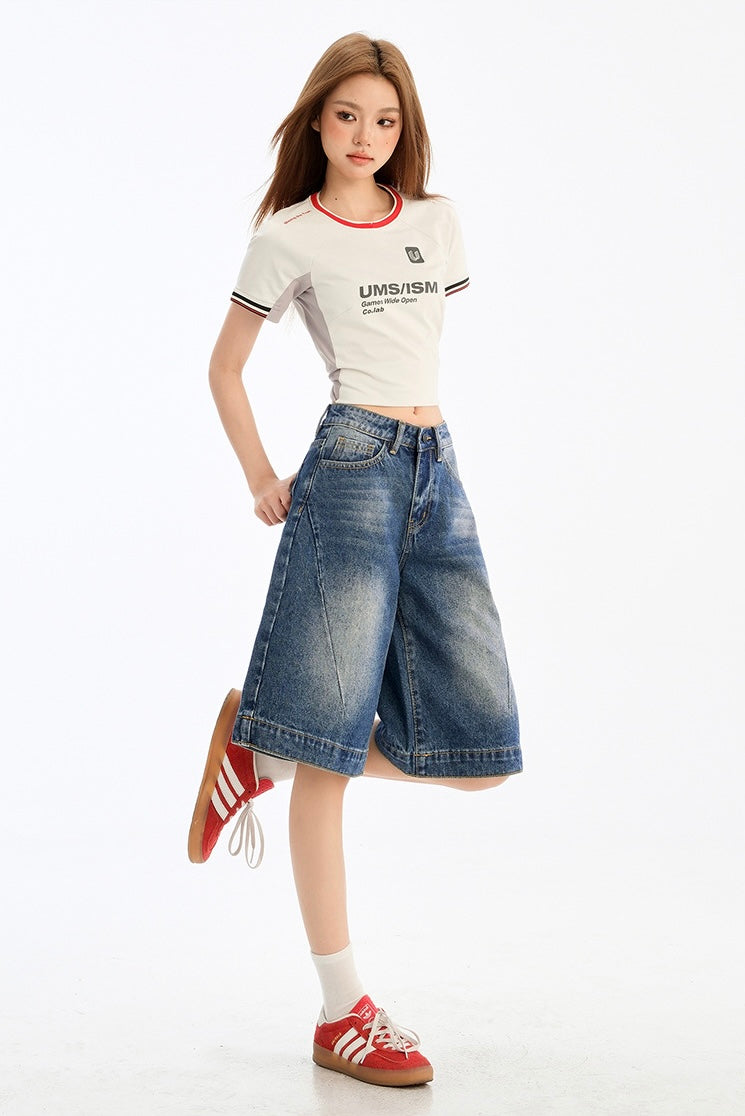 Retro Washed Wide-Leg Denim Shorts mry001752