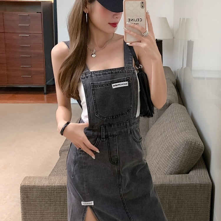 サイドスリット デニム サスペンダー ワンピース mry000117
