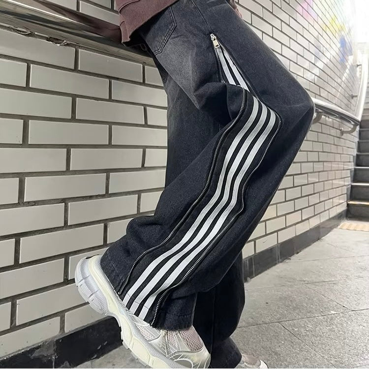 【Carina】2カラー展開 韓国ストリート ライン入りワイドデニムパンツ mry001375